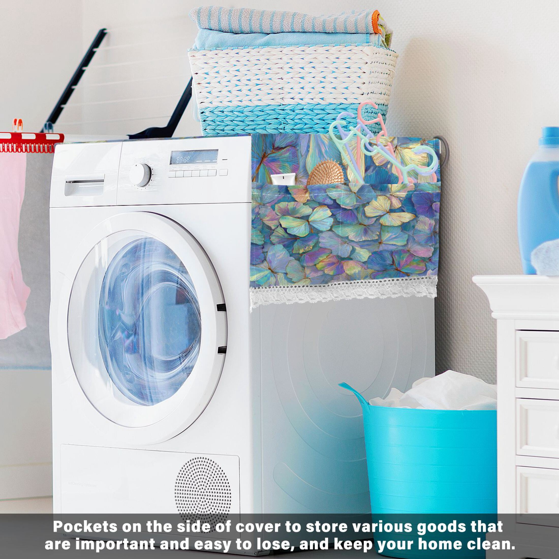 Wobogo Macaron Colored Butterfly Washing Machine Cover Dustproof Washer Dryer Cover Waterproof Laundry Room Decorative Protector