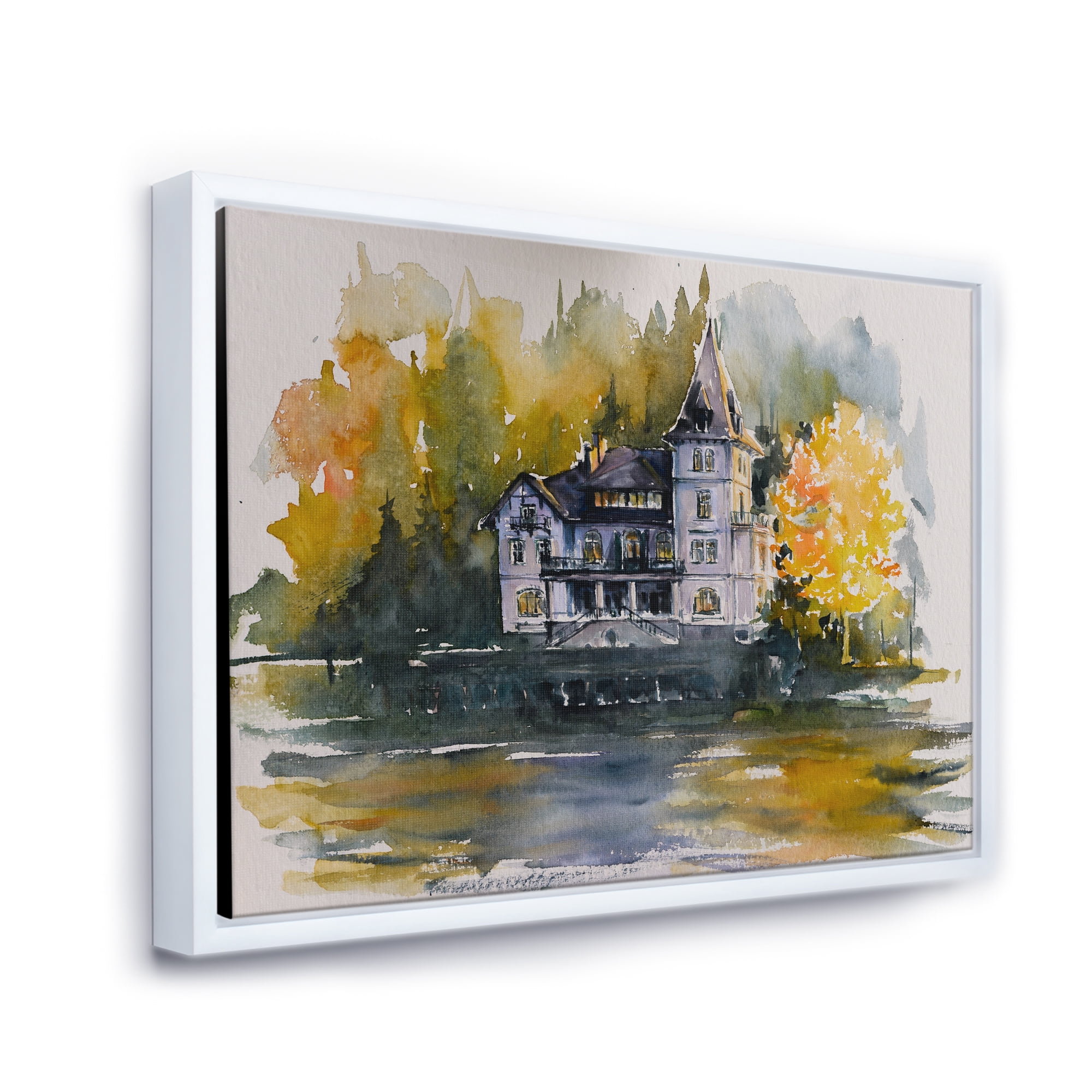 Designart 'Castle With Autumn Trees By The Lake' Lake House Framed Canvas Wall Art Print