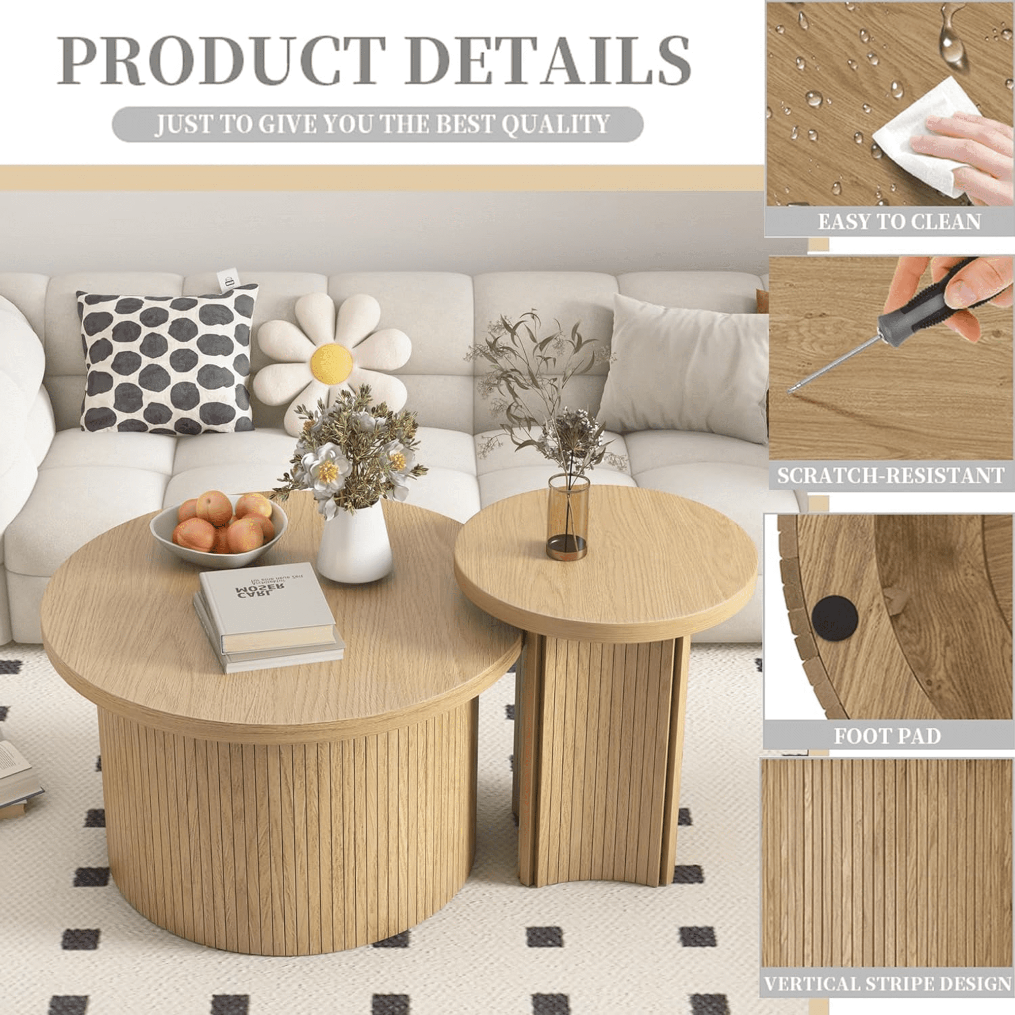 OUBAYAJIA Nesting Coffee Table Set of 2, Round Table, Modern Wooden Coffee Table End Side Table for Living Room Bedroom Balcony