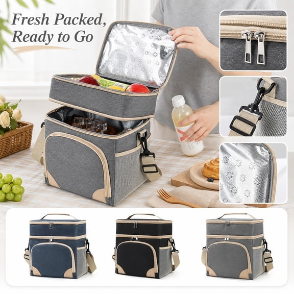 Insulated Picnic Cooler Bag, Navy Picnic Tote Bag, Two Layer Dual Compartment Lunch Bag with Shoulder Strap, Waterproof Reusable Soft Cooler, 10X7X11 Inch Oxford Square Bag with