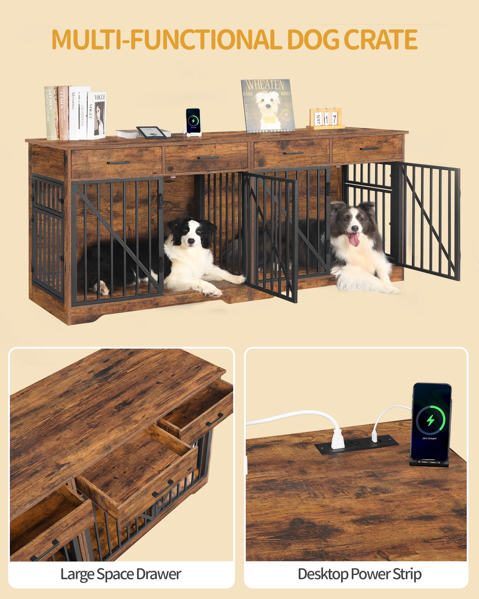 Dog Crate Furniture with 4 storage drawers, charging station, Suitable,Anti-chew,Anti-chew design.