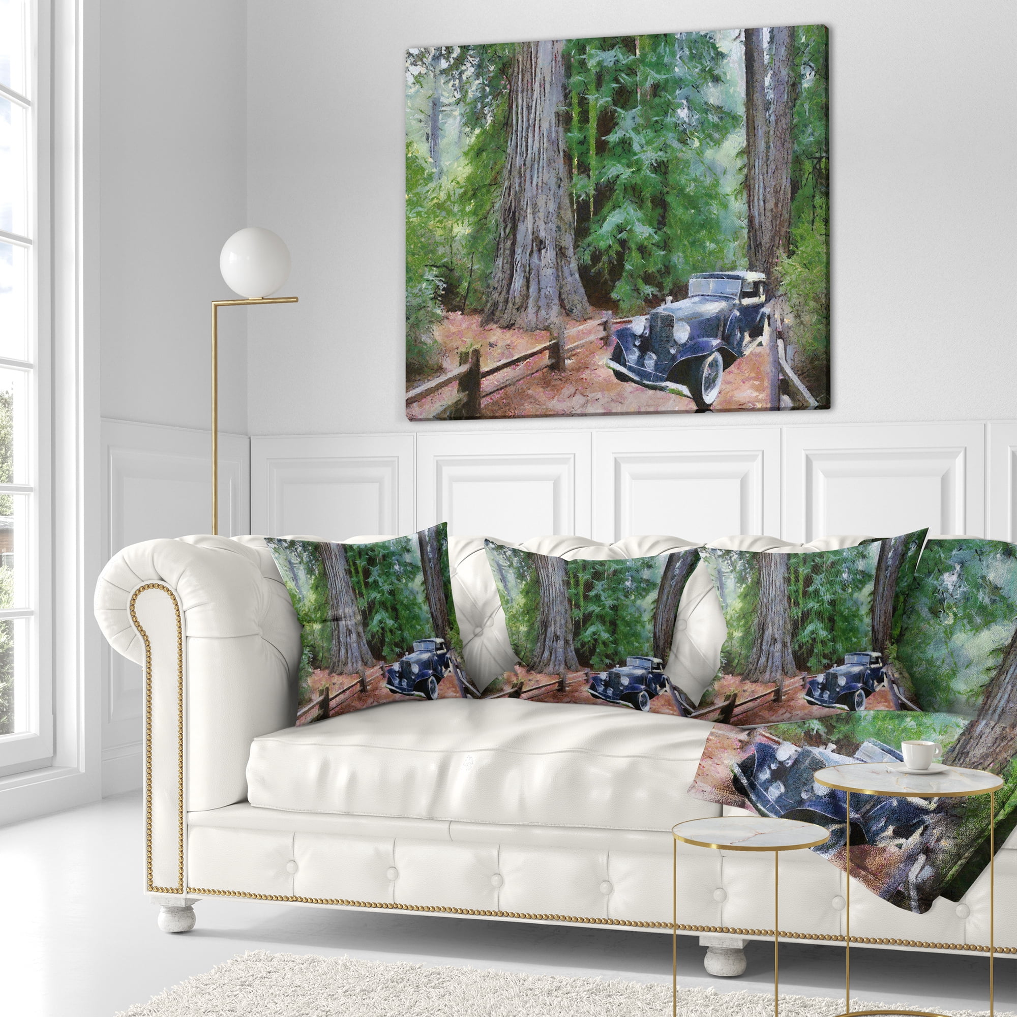 Designart Vintage Car in Forest - Landscape Painting Throw Pillow - 18x18