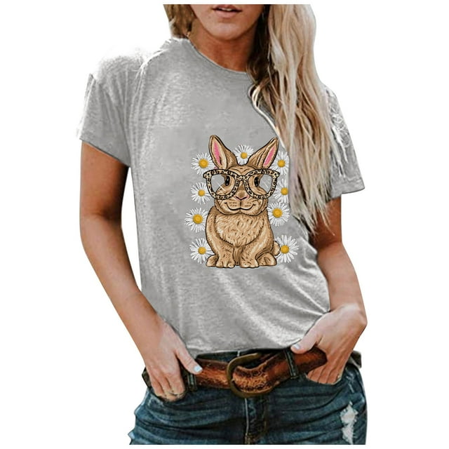 Hauts d'Été Grande Taille pour Femmes, T-shirt à Col Rond avec Imprimé Lapin, Manches Courtes, Blouse Décontractée Ample, T-shirt à Col en V pour Femmes en Liquidation