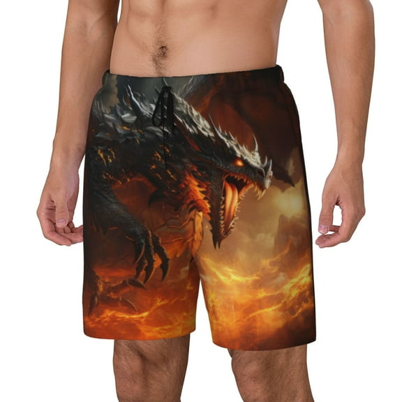 Logiee Fiery Dragon Of Chaos Print Men's Swim Trunk,Quick Dry Board Shorts ,Men's Swim Trunks with Compression Liner, Bathing Suits with Pockets-Small