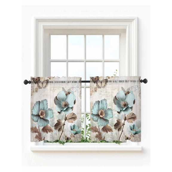 Retro Mallow Flowers Tier Curtains 36 Inch Length,Sheer Curtains for Bedroom Living Room Window Spring Floral Butterfly Elegant Rod Pocket Drapes Kitchen Curtains Small Half Window 27.5"x36" 2 Panels