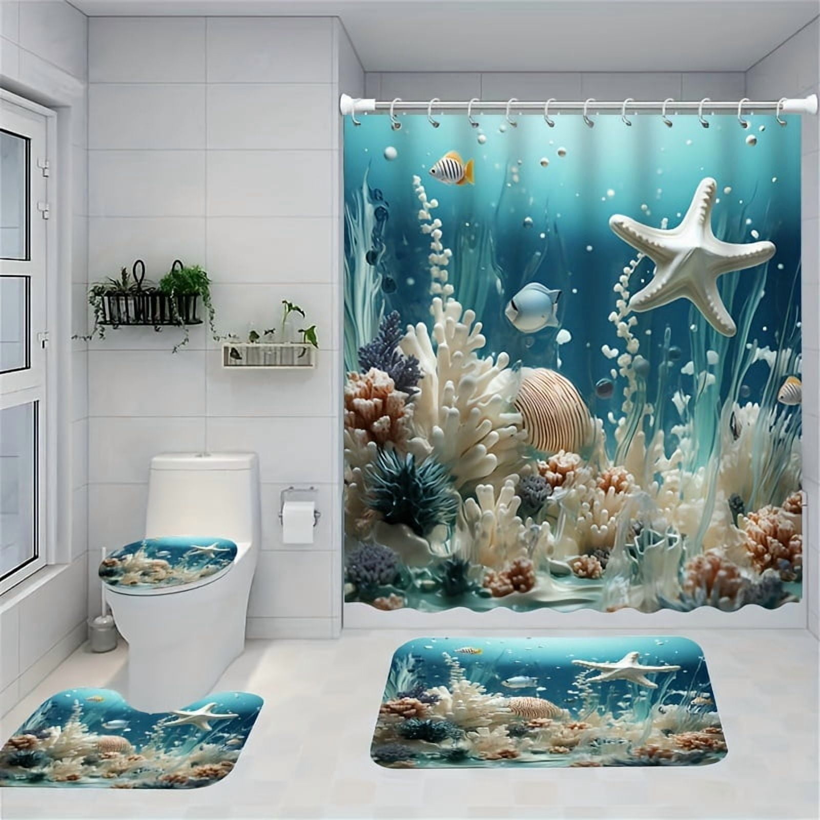 4pcs Ocean Series Blue Coral Shower Curtain Set Decorative Bathroom Set Waterproof Shower Curtain Non slip Floor Mat Toilet Lid Bathroom Mat and 12 Plastic Hooks Bathroom Accessories Home Decor