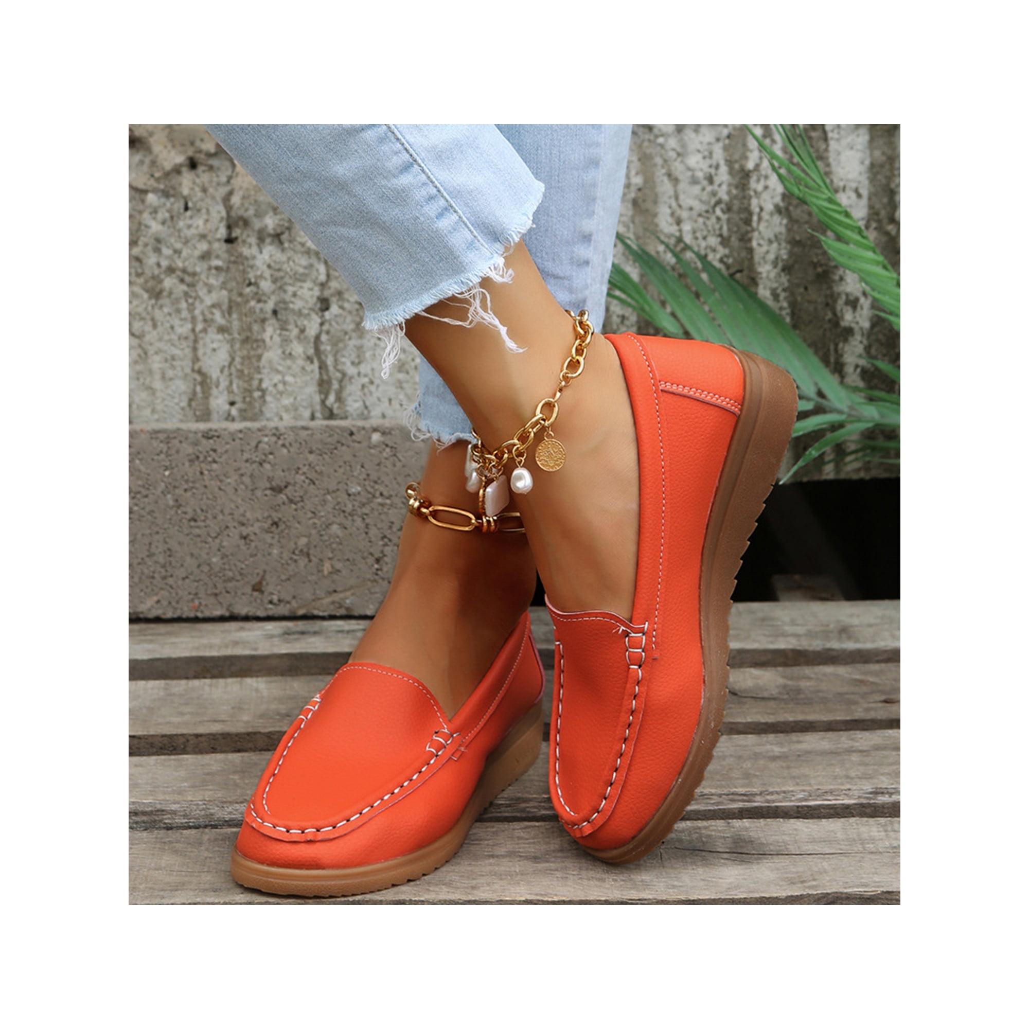 MAWCLOS Women s Flats Round Toe Flat Shoes Low Top Soft Loafers Slip On Work Moccasins Orange 5.5