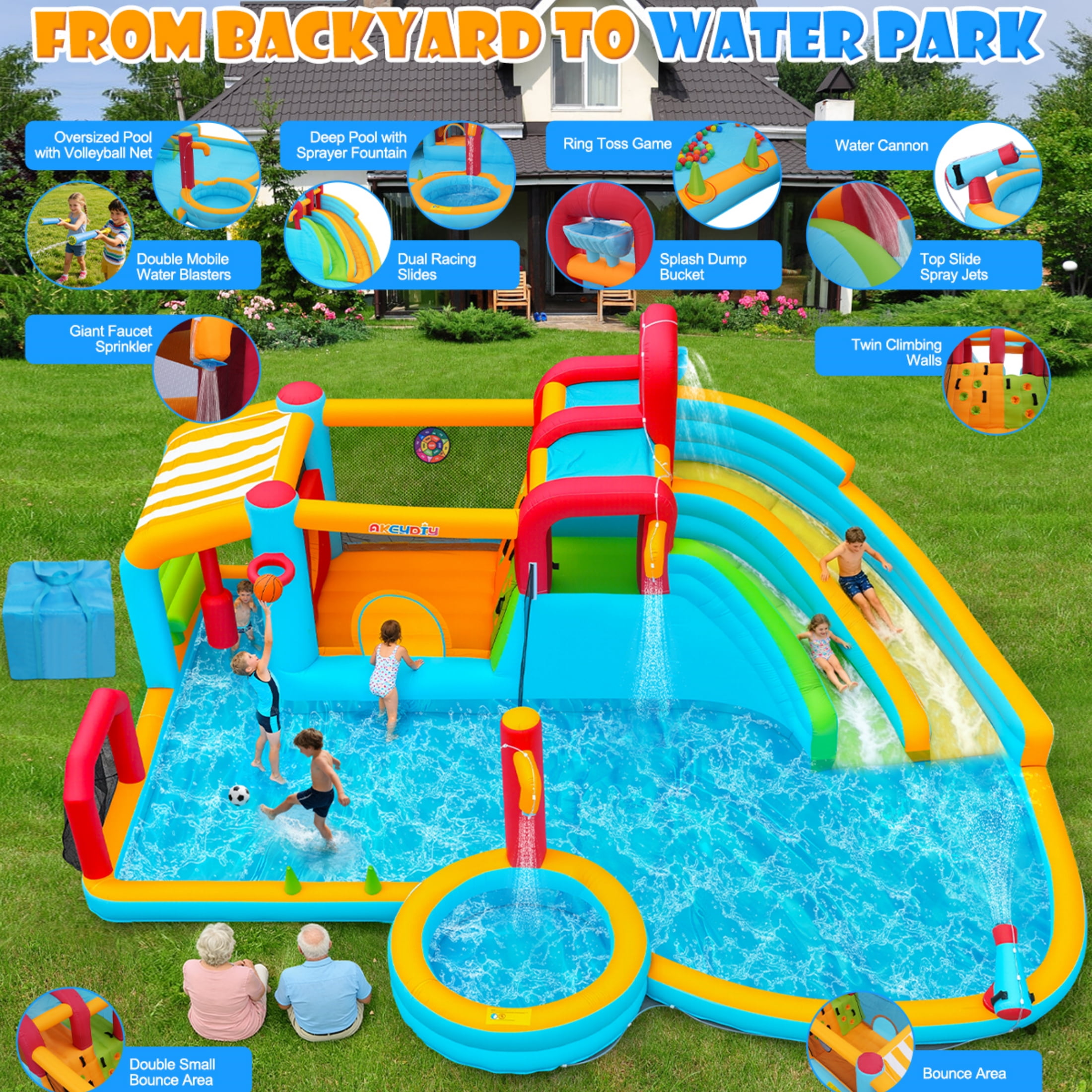 Adnoom 11in1 Inflatable Pool Water Slide for Big Kids 3~12, 21.6x17.2ft Giant Water Park, 2 Long Slide, Large Splash Pool&Deep Pool, 950w Blower, Backyard Bouncy Castle w/Jumping Area