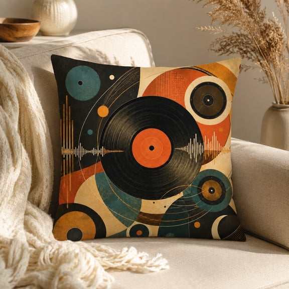 Retro Vinyl Record Throw Pillow Cover, 1-Side Printed Decorative Cushion Cover, Abstract Music Design, 18x18 20x20 24x24 in