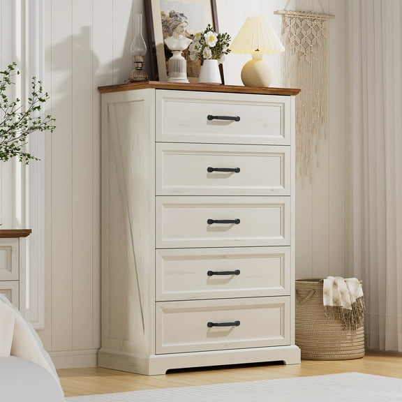 Hommpa Farmhouse White 5 Drawers Tall Dresser for Bedroom, Wood Rustic Chest of Drawers Dresser for Closet, Storage Dresser Organizer for Living Room, Hallway, Entryway, Home