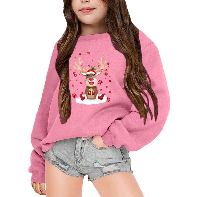 Aocisk Chandail à Capuchon à Col Rond pour Filles Imprimé de Noël Hiver Chaud Manches Longues Confortable Rose 4-5 Ans