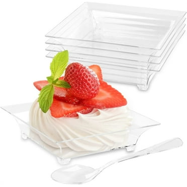 50 Pack Appetizer Plates with Spoons,Clear Mini Plastic Dessert Plates,Disposable Square Appetizer Plates,Individual 1 Ounce Serving Trays,Convenient to Use Dessert Cups for Cakes,Sauce