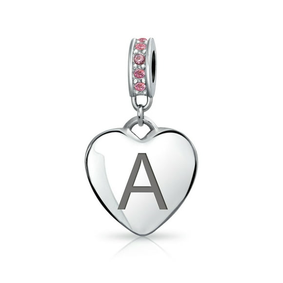 Personalized Engravable Initial A Monogram Simulated Pink Tourmaline Crystal Accent Bale Heart Shape Dangle Bead Charm .925 Sterling Silver for Women Teen European Bracelet Customizable
