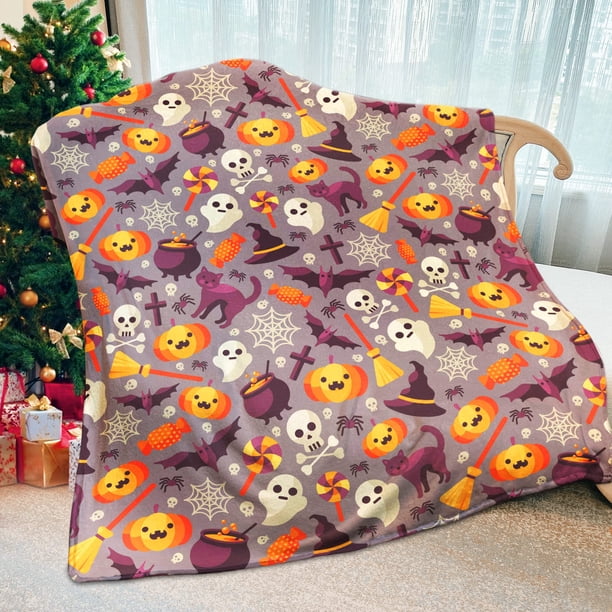 Sombrero de bruja, murciélagos negros y calabazas decoradas para sofá cama, sofá, silla, tema de Halloween, manta de franela, regalo, telarañas xuanjing unisex