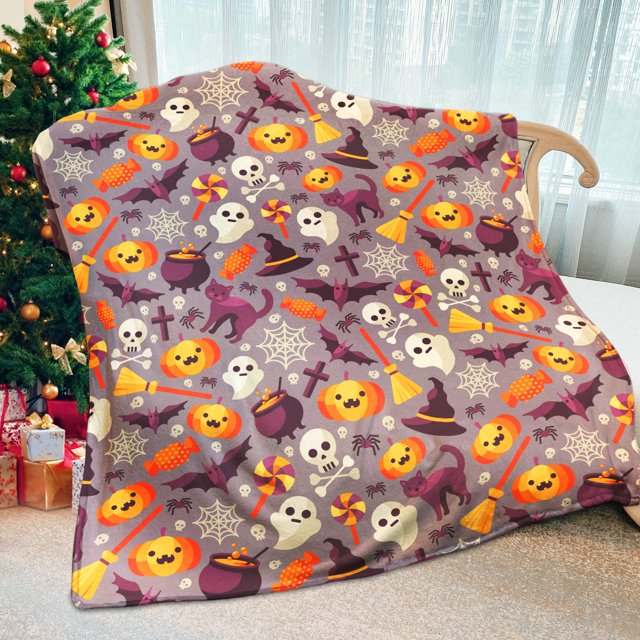 Witch's Hat Black Bats and Decorated Pumpkins for Sofa Bed Couch Chair Halloween Theme Flannel Throw Blanket Gift Spiderwebs Fivean unisex