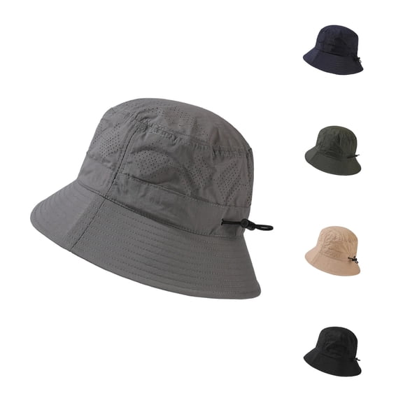 XIAOCHA Mens Mesh Drawstring Bucket Hat Solid Sun Hat Outdoor Boonie Hat,Grey