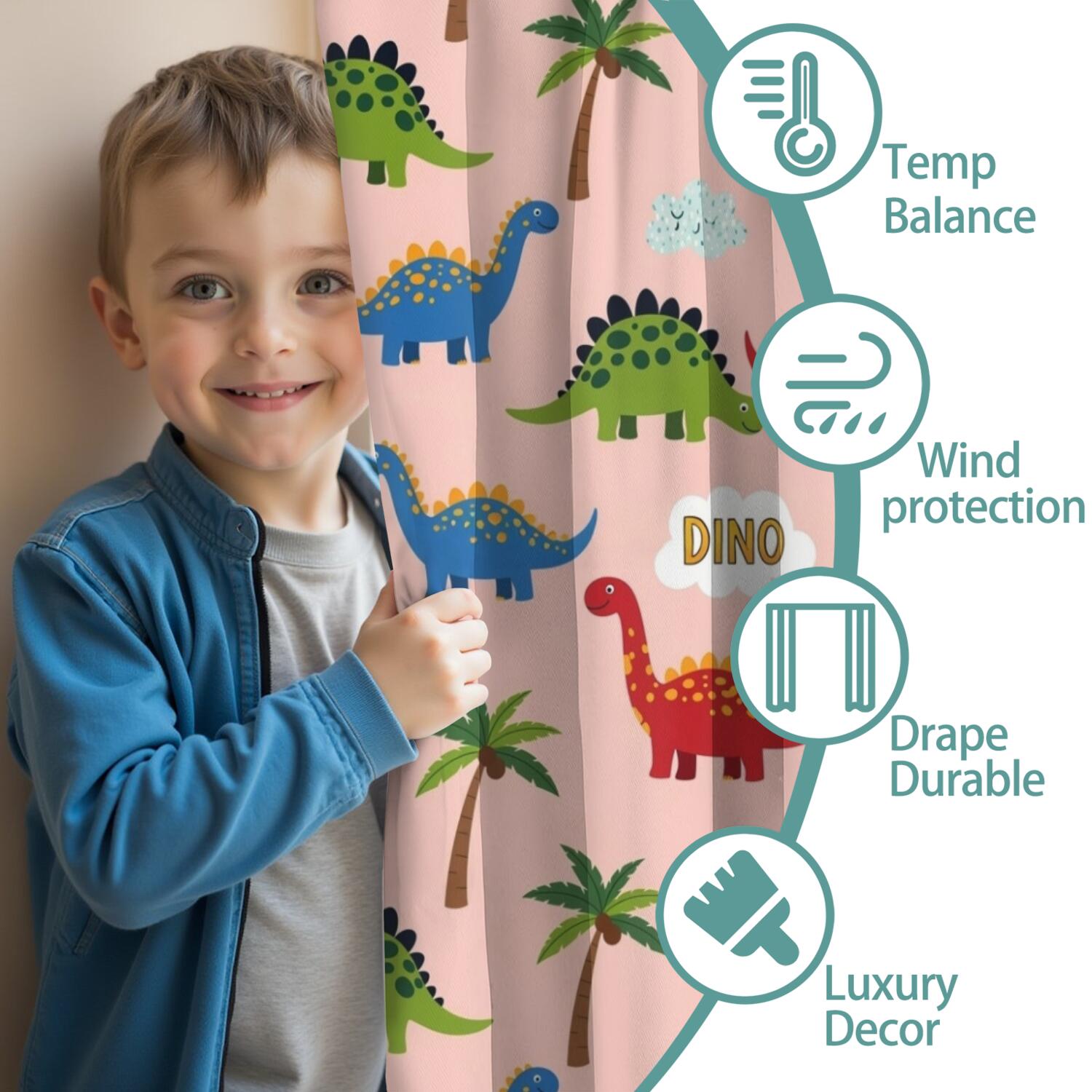 Blackout Kids Curtains,Pink Dinosaur and Rainbow Pattern Childrens Insulated Curtains Set Of 2,Bedroom Essentials,Toddler Room Decor 42"x54"