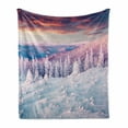 thumbnail image 1 of Winter Soft Flannel Fleece Throw Blanket, European Snowy Mountains Pine Forest with Sky Colors Overcast Windy Fresh Image, Cozy Plush for Indoor and Outdoor Use, 60" x 80", White Pink, by Ambesonne, 1 of 6