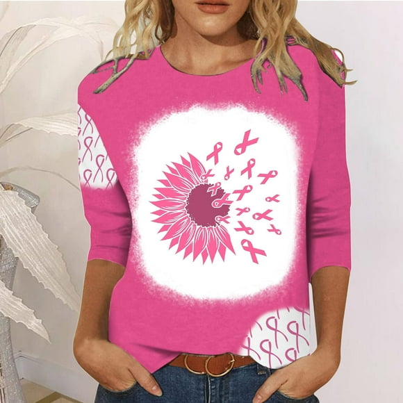 Jsaierl Women's Breast Cancer Shirts Pink Ribbon Graphic Tees Trendy 3/4 Sleeve Tops Dressy Casual In October We Wear Pink T Shirts