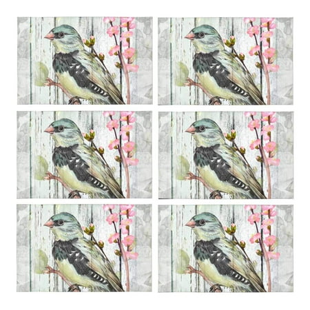 

MKHERT Vintage Bird with Flowers On Wooden Design Placemats Table Mats for Dining Room Kitchen Table Decoration 12x18 inch Set of 6