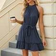 thumbnail image 5 of Uaswgudfs Sleeveless Halter Neck Casual Midi Dress - 2025 Summer Flowy Design with Waist-Tie Accents & Ruffled Hem for Women Navy S, 5 of 9