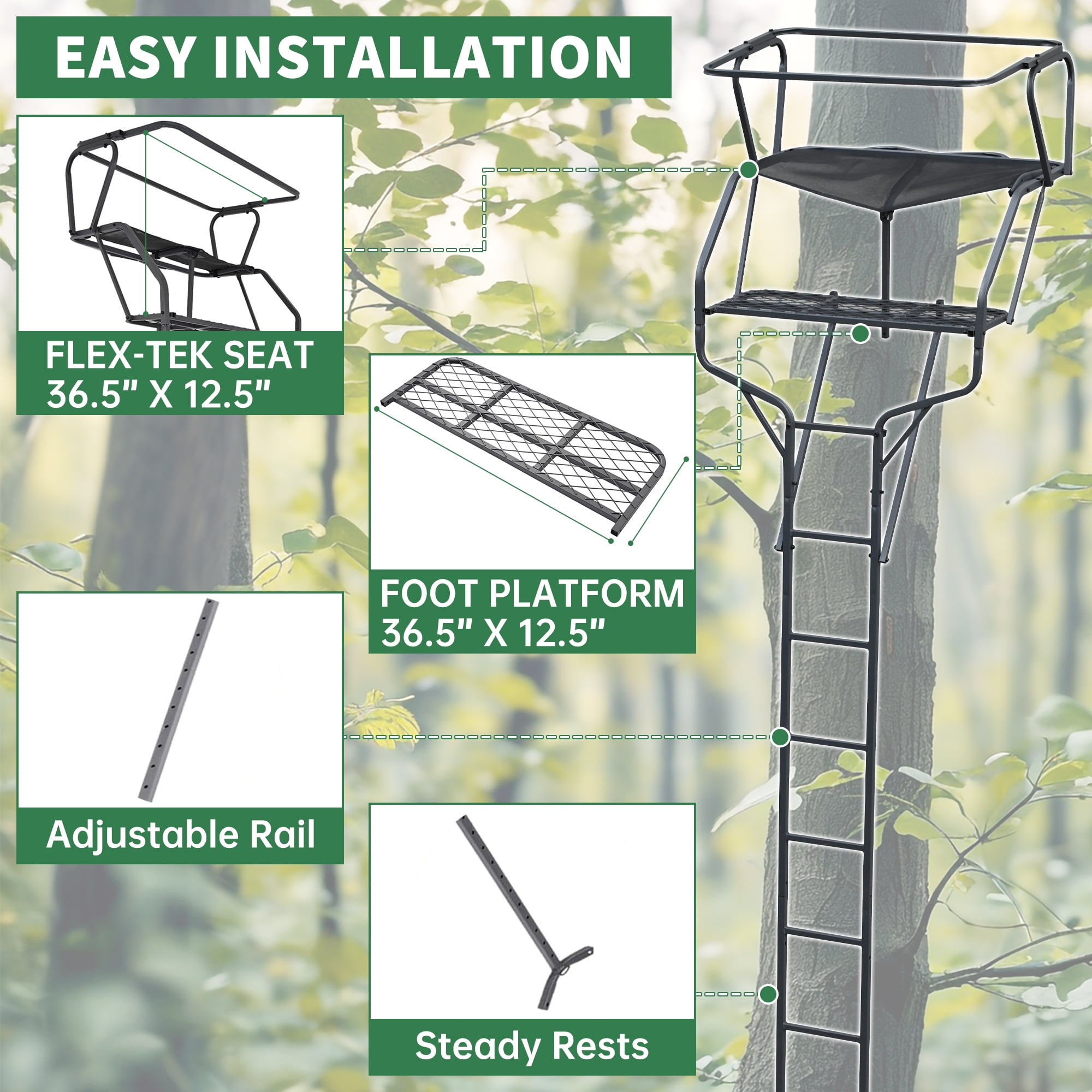 HECASA 18' 2-Man Ladder Tree Stand Climbing Tree Stand for Deer Hunting Elevated Climbing Seat Hunting Gear Equipment Accessories, 500 lb Weight Capacity