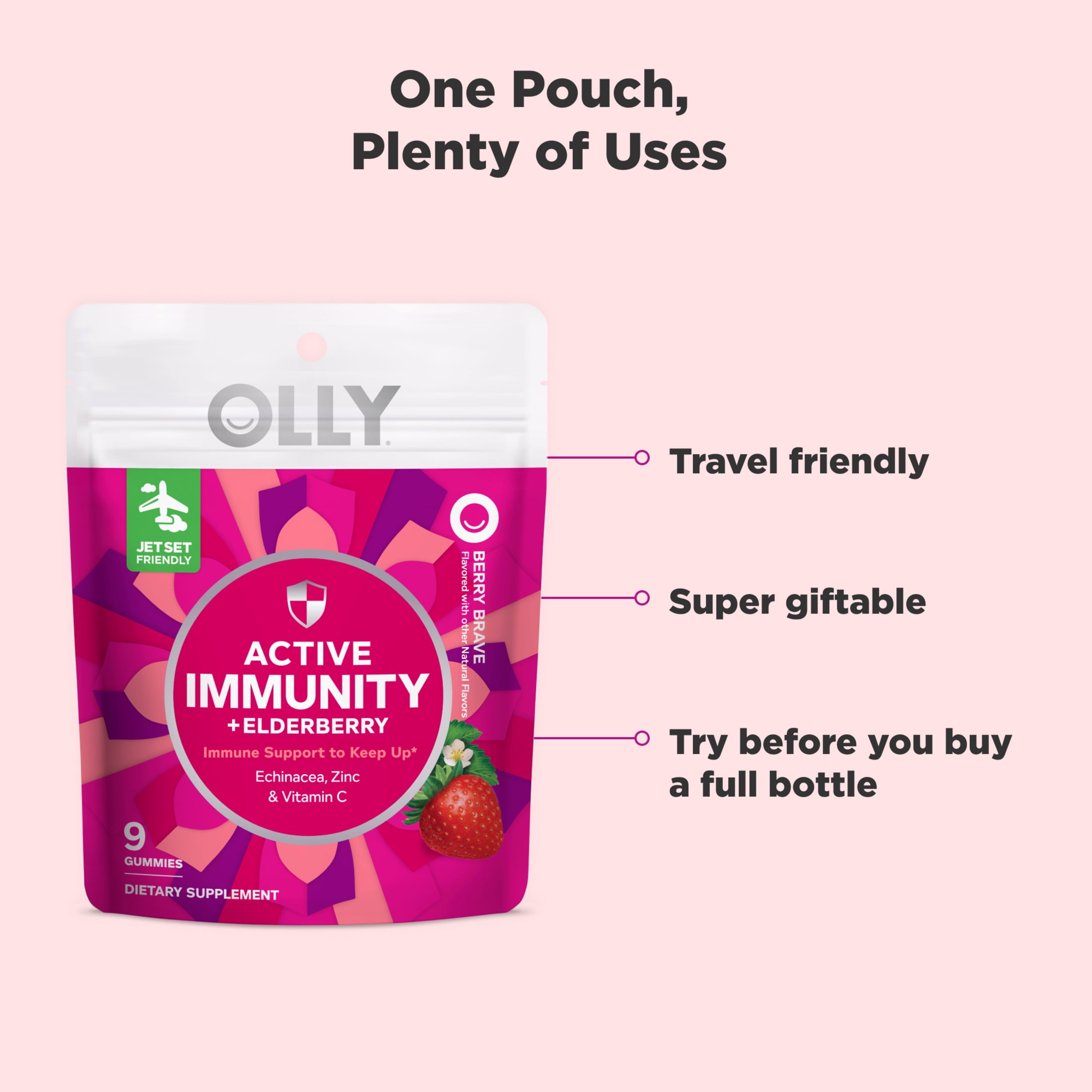 OLLY Active Immunity Elderberry Gummy Supplement, Daytime Immune Support for Adults, 9 Ct
