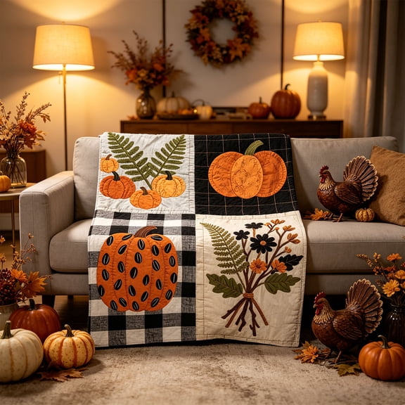 SHJHENG Fall Patchwork Throw Blanket, Cozy Thanksgiving Flannel Fleece Blanket with Pumpkin Sunflower Buffalo Check Pattern, Soft Plush Nap Blanket for Couch Sofa Office