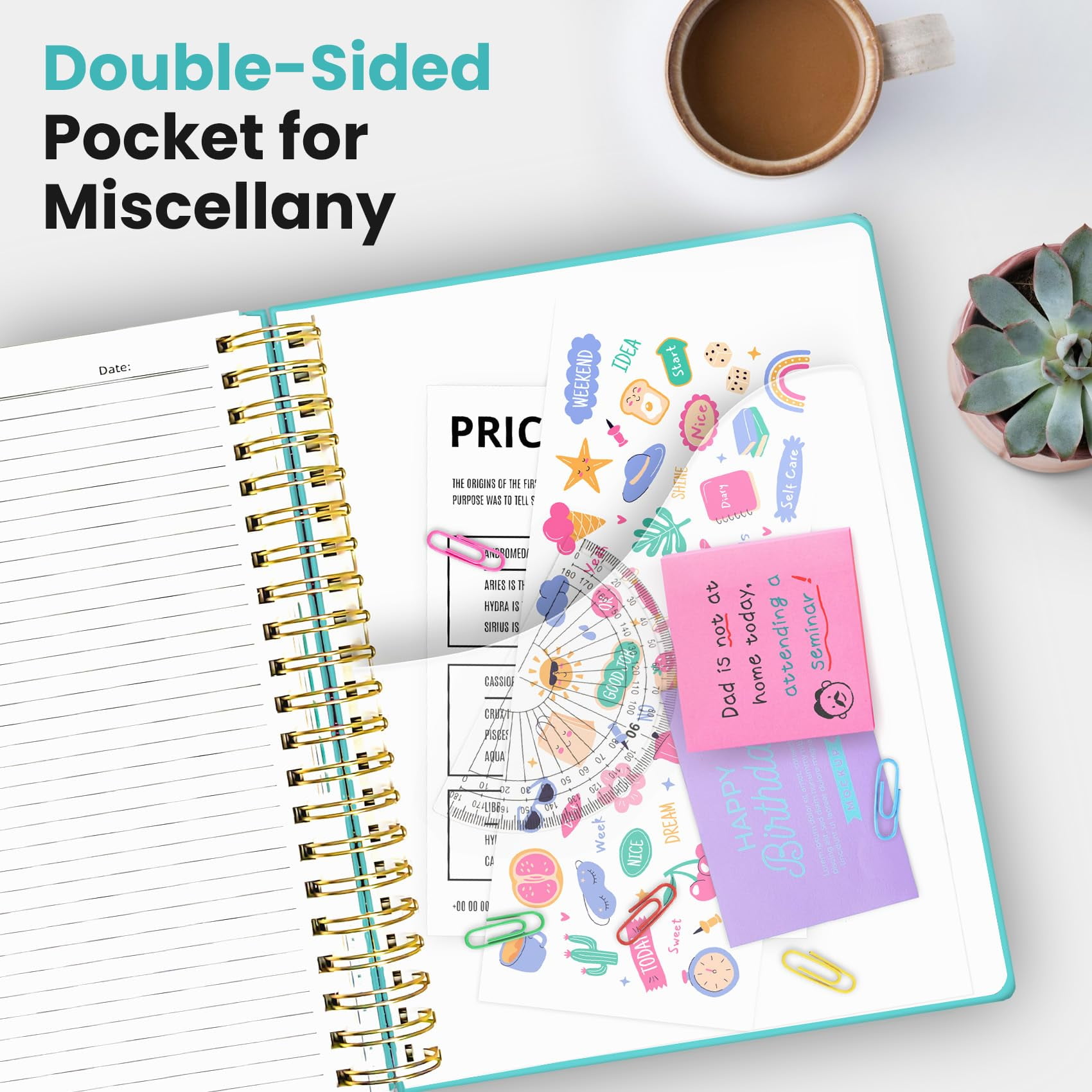 Hardcover Spiral Journal Notebooks For Work With Removable Dividers & Tabs  8.5"x11" 5 Subject Notebook Note Taking Organizer A4 College Ruled Lined Women Writing Aquamarine 280 Pages