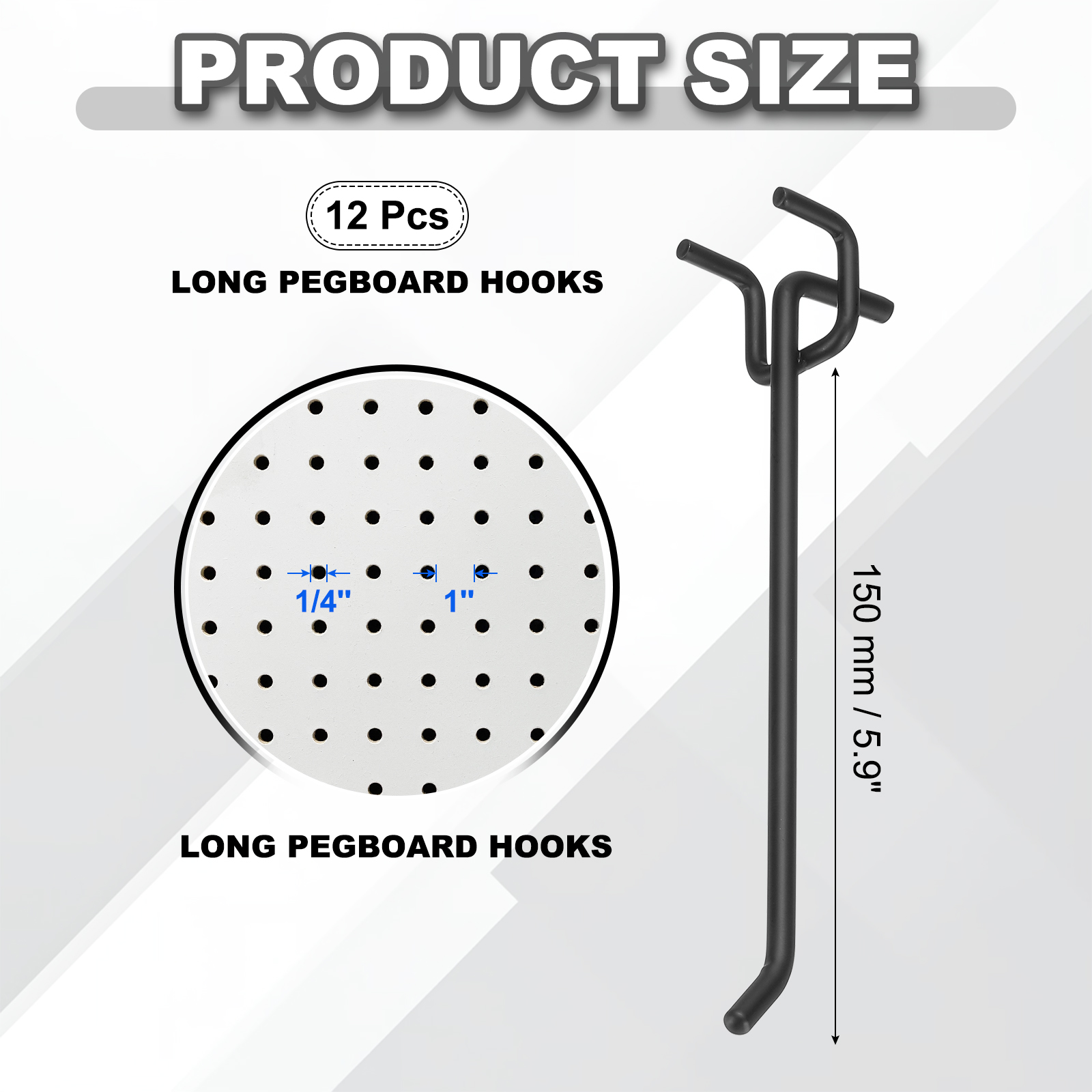 Uxcell 12 Pcs Pegboard Hooks,  5.9 Inch Peg Board Hooks Kit Fit 1/5" Pegboard Garage for Hanging Shelving Tool Storage Craft Organizing, Black (1mm Hole Dia)