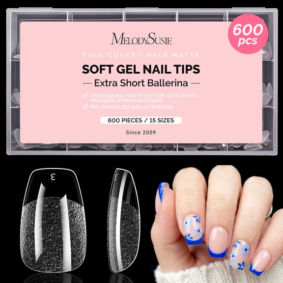 MelodySusie Extra Short Ballerina Nail Tips - 600Pcs 15 Sizes Clear Half Matte Full Cover Press on Nails for Extreme Fashion, Pre-Shaped for Long-Lasting Manicure