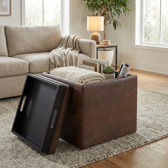 Rockwood Cube Storage Ottoman with Tray in Distressed Brown Faux Leather
