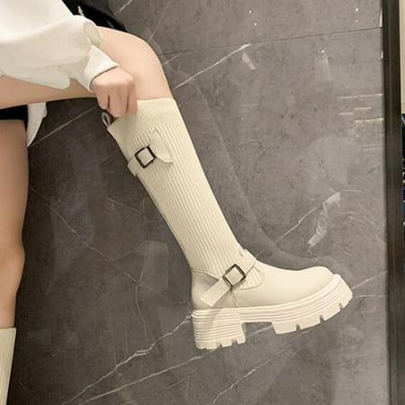 

christmas women mid calf boots autumn and winter fashion knit belt buckles decoration comfortable round toe thick square heels