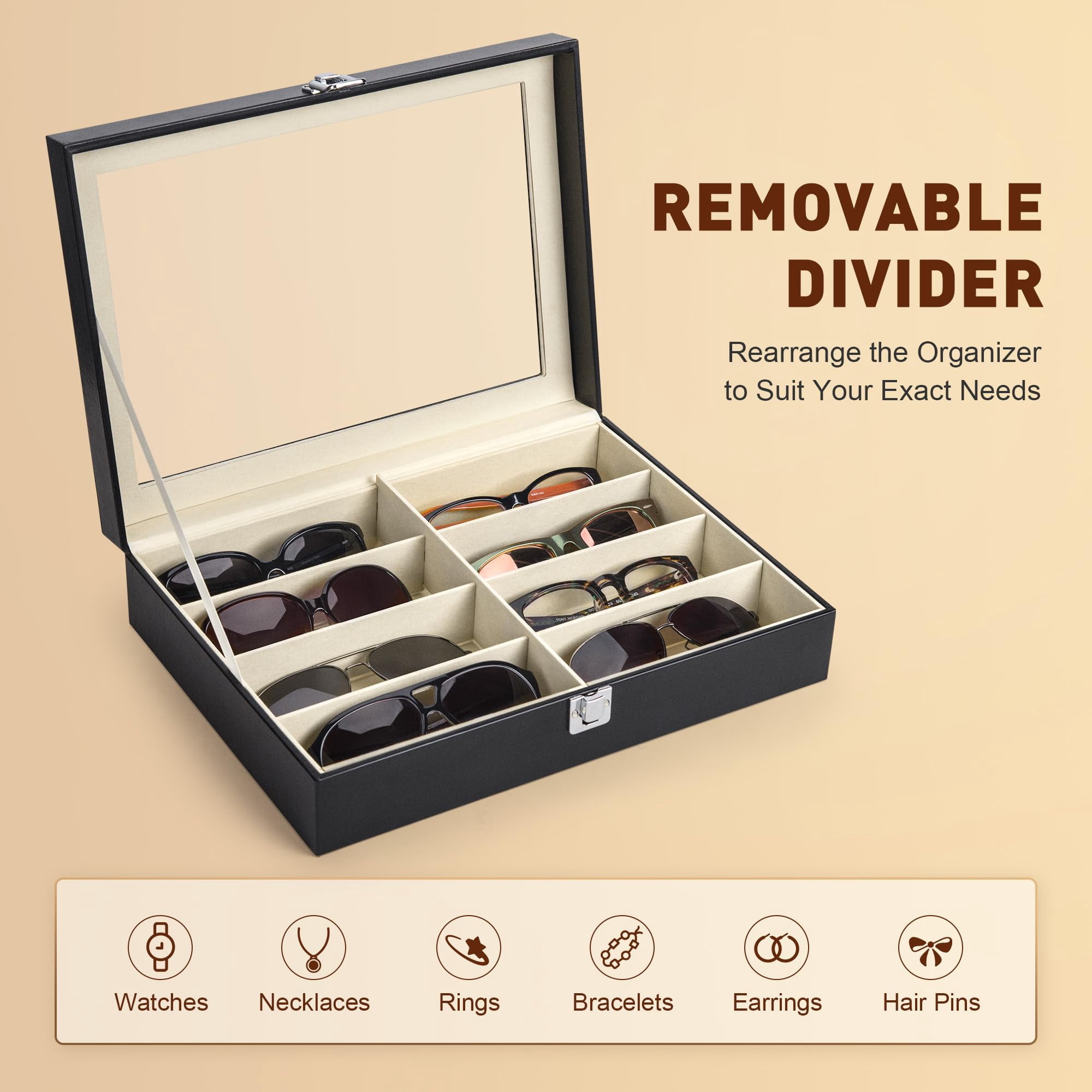 8 Slot Sunglasses Organizer Box with Clear Acrylic Lid, PU Leather Eyeglasses Storage Case Display Holder for Men Women, Fleece Lined Eyewear Organizer for Sunglasses, Home & Dresser, Black