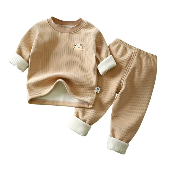 Lkhaha 2 Piece Outfit For Boys Cute Cartoon Bear Print Long Sleeve Crewneck Tops Warm Fleece Lined Fall Winter Pants Set Size 18-24 Months
