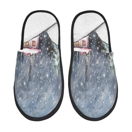 Balery Watercolor Winter Landscape For Christmas Slient Indoor Furry Fleece Comfort House Shoes Soft Non-Slip Home Shoes Cotton slippers House Slippers-- Large