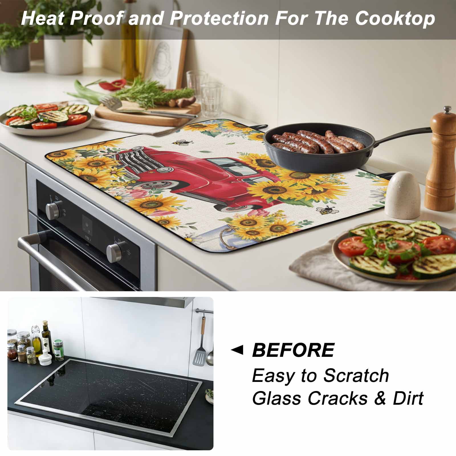 Spring Yellow Sunflowers Stove Top Cover for Electric Stove, Heat-proof & Non Slip Glass Top Stove Cover Protector, Farmhouse Car Bees Country Kitchen Flat Cooktop Rubber Mat 24x21 Inches