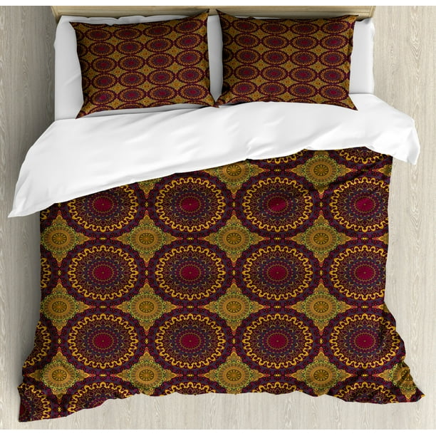 Moroccan Duvet Cover Set, Oriental Art Style Mandala Motifs Vintage