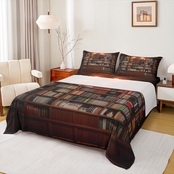 jejeloiu Brown Bookshelf Twin 3-Piece Sheet Set,Vintage Library Print