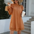 thumbnail image 1 of Vestido de otoño para mujer, manga larga acampanada, adorno con volantes, cuello levantado, adorno con volantes, vestido de color puro para mujer, color naranja oscuro S, 1 of 6