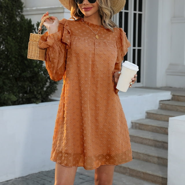 Vestido de otoño para mujer, manga larga acampanada, adorno con volantes, cuello levantado, adorno con volantes, vestido de color puro para mujer, color naranja oscuro S