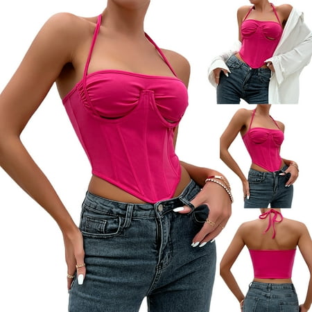

Binpure Summer Halter Corset Tops for Women Sleeveless Solid Color Patchwork Irregular Hem Cami Tops