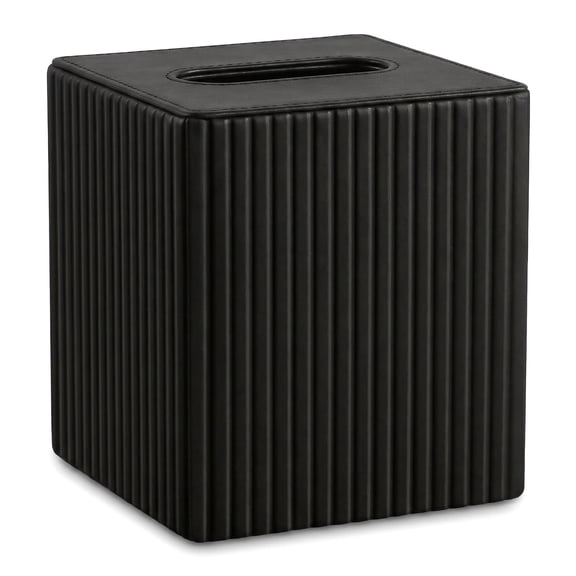 Black PU Leather Square Tissue Box Cover – Striped for Bathroom Bedroom Office