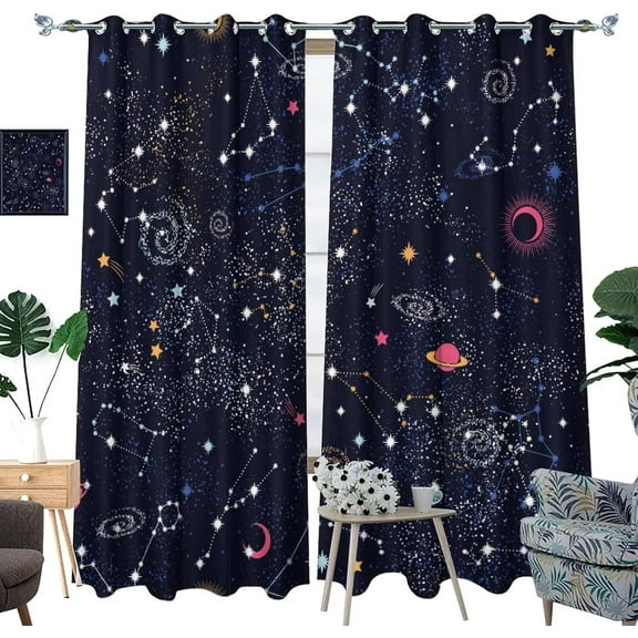 Galaxy Blackout Curtains for Kids, Moon and Star Window Curtains for Boys Girls Bedroom Blue Nursery Grommet Thermal Insulated Room Darkening Curtains-52"W x 63"L (Pack of 2)