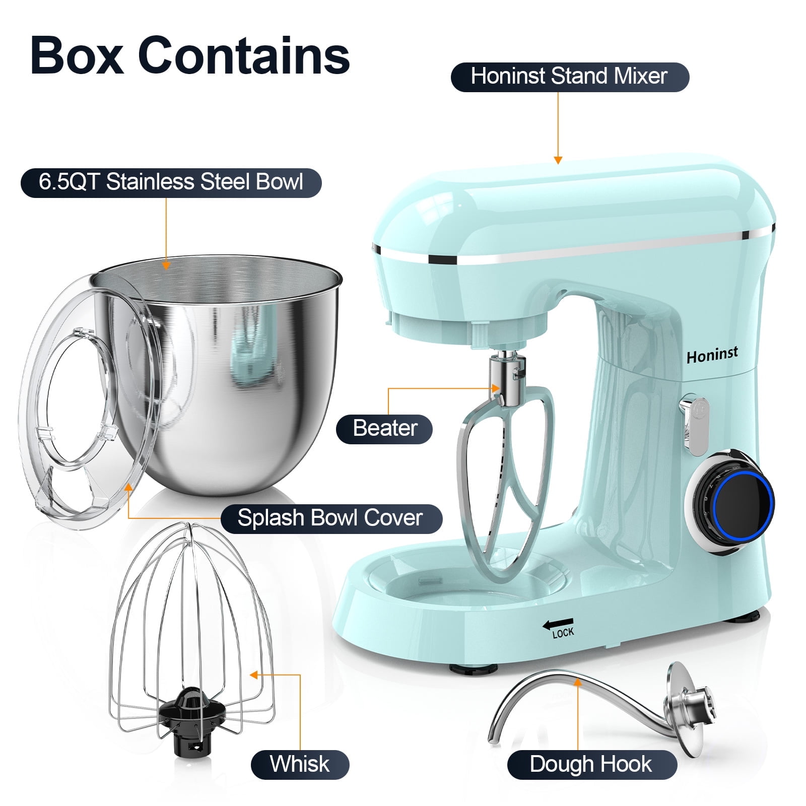 Honinst 6.5 QT Electric Stand Mixer, 10+P Speeds Lightweight with Tilt-Head Kitchen Stand Mixer, Dough Hook, Whisk, Beater and Bowl, Food Mixer for Baking, Cake and Most Home Cooks
