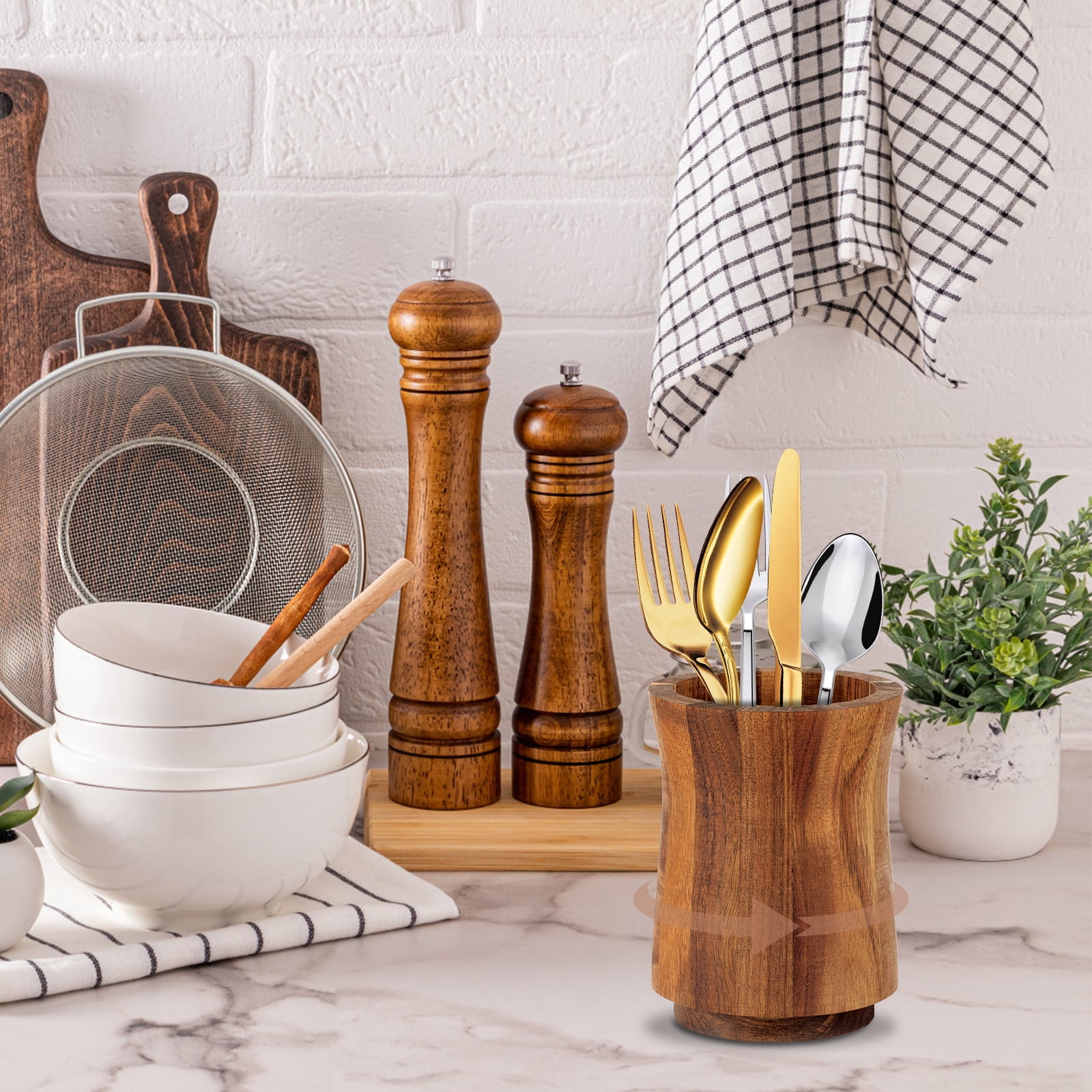 NUAHRHY 5.83" Utensil Holder, 360° Rotating Cooking Utensil Crock for Countertop, Acacia Wood Cooking Tool Organizer for Kitchen Counter Spatula Storage, Natural Kitchen Decor