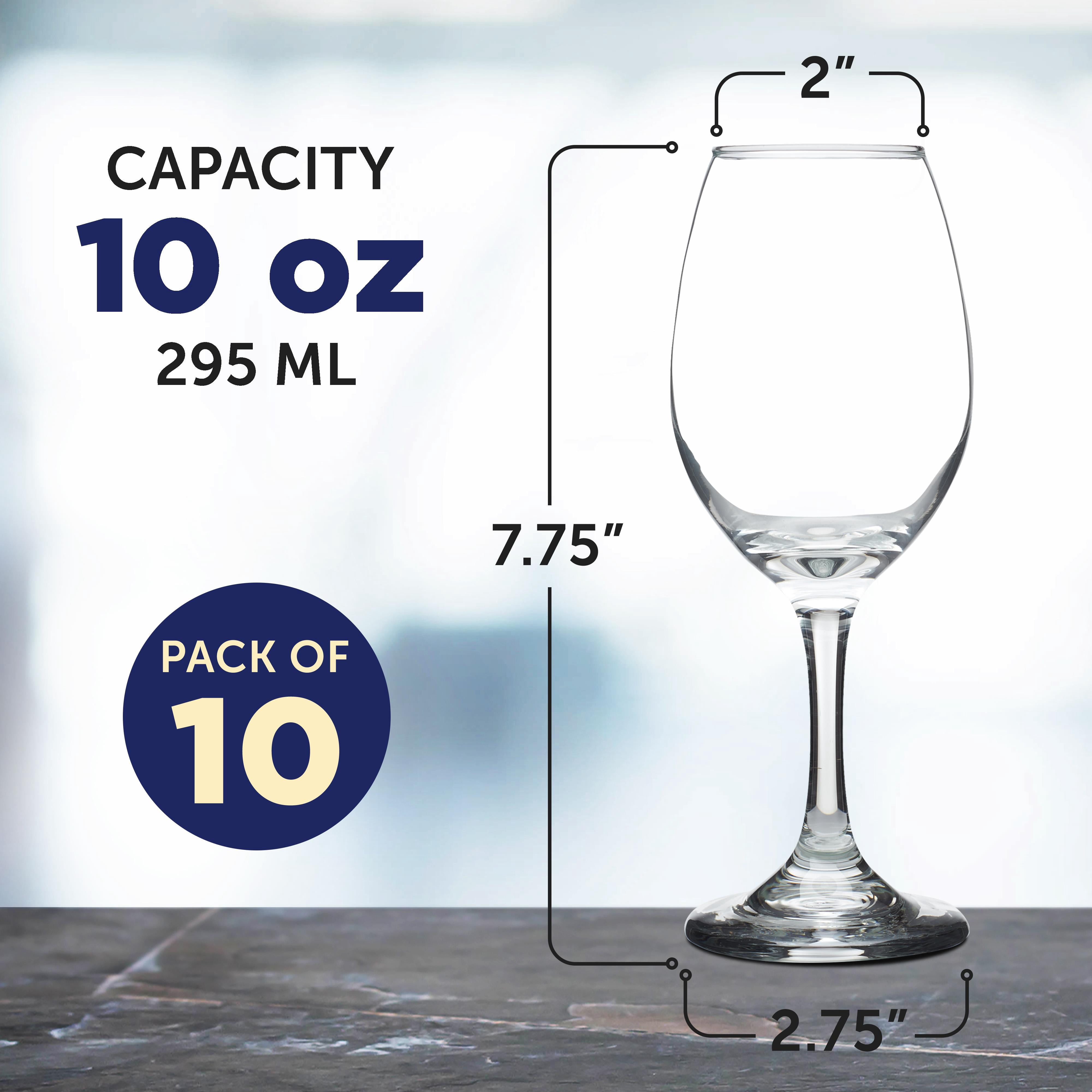 Rioja Wine Glasses with Stem 10 oz. Set of 10, Bulk Pack - Color Bottom, Perfect for Wedding, Party Favors, Birthday, Bridal Shower Gifts - Clear