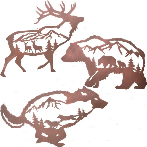 15 Inch Metal Deer Bear Wolf Wall Art Decor Sculpture in the Forest Pine Tree, Rustic Bronze Decoration Hanging for Living Room Bedroom Bathroom Indoor Outdoor, Metal Statue Full of Nature Style,3 set