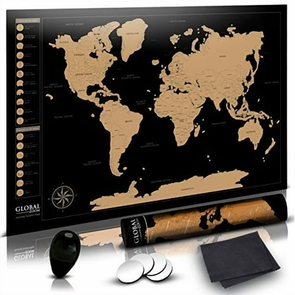Global Zoom Scratch-Off World Map with US States-Track Travel Routes, Iconic Landmarks and World Wonders -Thick, Laminated Large Poster for Wall (24"x36") - Includes Scratch Tool and Cleanin