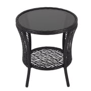 Kinbor Round Outdoor Wicker Side Table - with Tempered Glass Top, Patio End Table with Unique Shape, Storage Shelf for Balcony, Porch, Deck, Garden, Weather-Resistant Rattan, Easy Assembly
